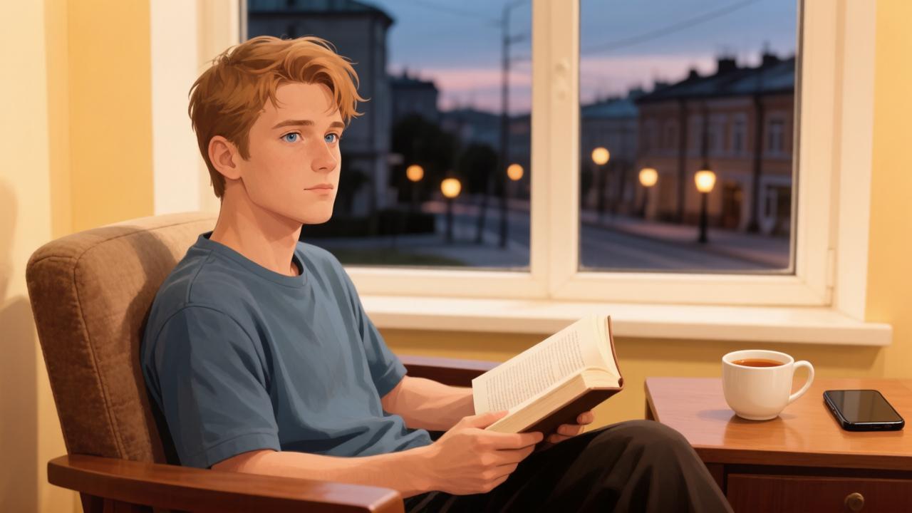 Человек в кресле с книгой и чашкой чая, телефон в стороне — иллюстрация к совету дня о тишине и отдыхе.